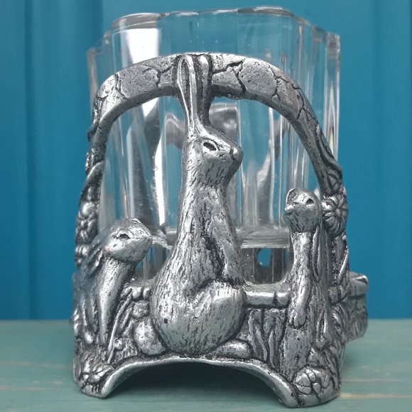 Silver Metal Bunny Rabbit Candle Holder or Trinket Dish Silver Metal Glass Gifts - Picture 16 of 16
